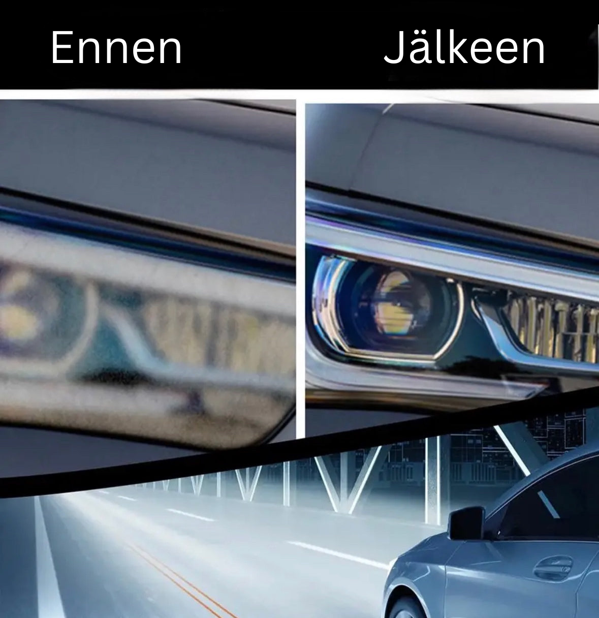Tehokas ajovalojen puhdistusaine